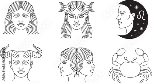 Astrological Zodiac Sign Faces: Cosmic Portrait Collection with Unique Hairstyles and Symbols