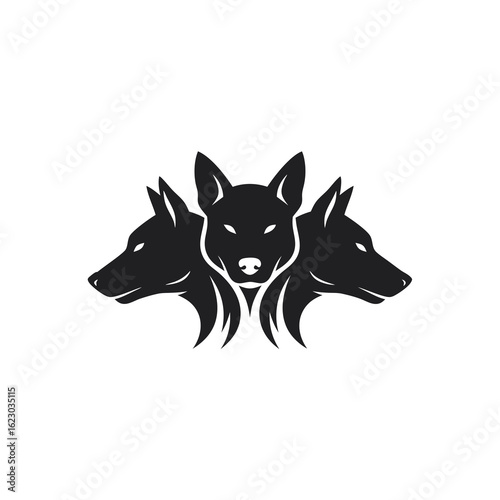 A stylized black graphic of a fierce threeheaded dog reminiscent of the mythical Cerberus with glowing white eyes.