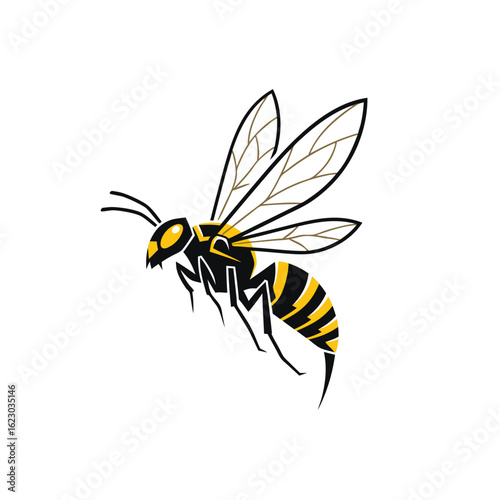 A stylized yellow and black hornet illustration in a dynamic flying pose with a sharp stinger.