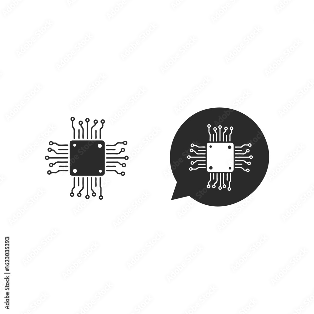 Fototapeta premium Black and white microchip symbols with speech bubble on white background