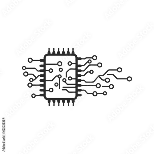 Microchip with circuit network icon on white background