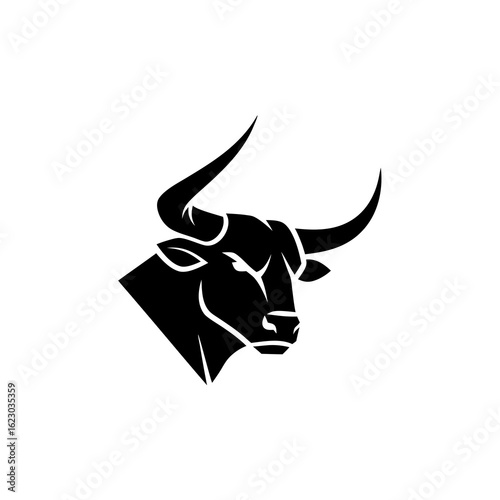 Fierce black bull head with sharp horns a powerful graphic mascot logo in a stylized silhouette.