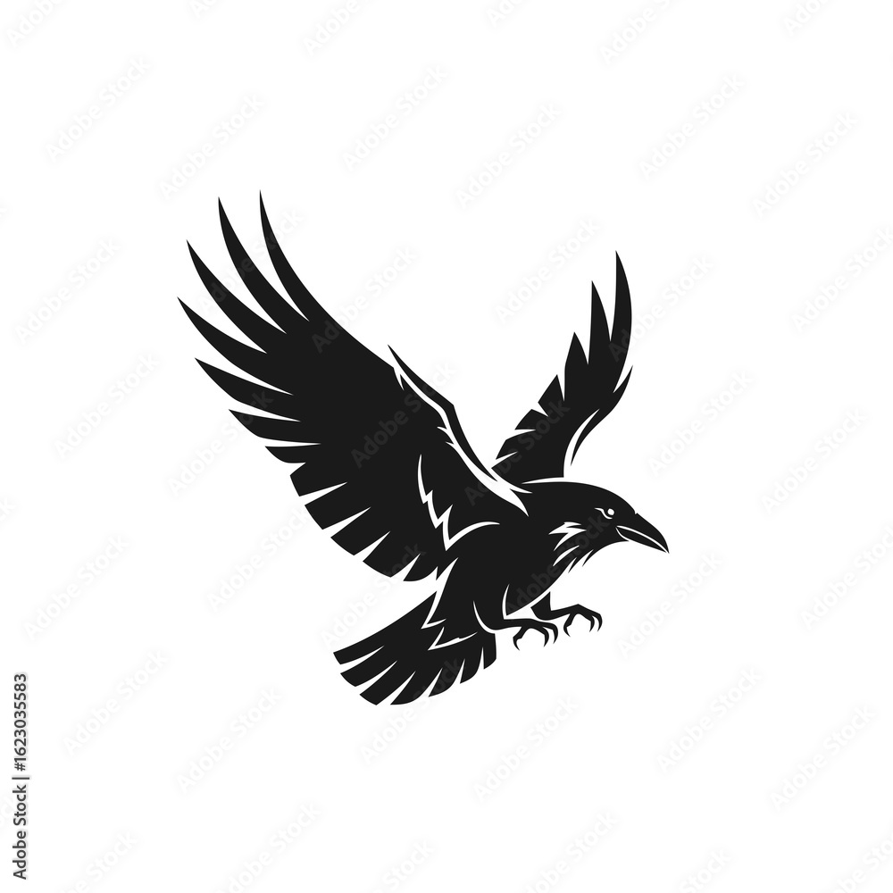 Fototapeta premium Stylized black raven swooping down a dynamic vector illustration with sharp wings and extended talons.