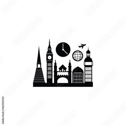 A set of monochrome icons illustrating well-known landmarks, showcasing architectural diversity.