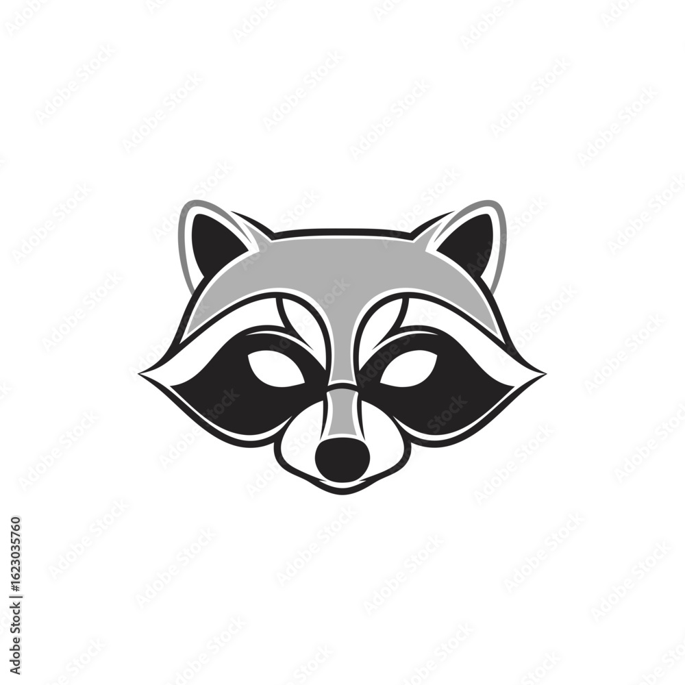 Fototapeta premium Stylized raccoon head mascot with a bold black mask and symmetrical design in black and grey.