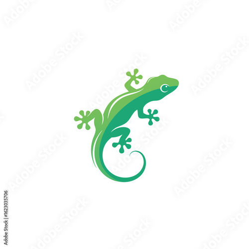 Stylized green gecko silhouette with a gracefully curled tail and splayed feet.