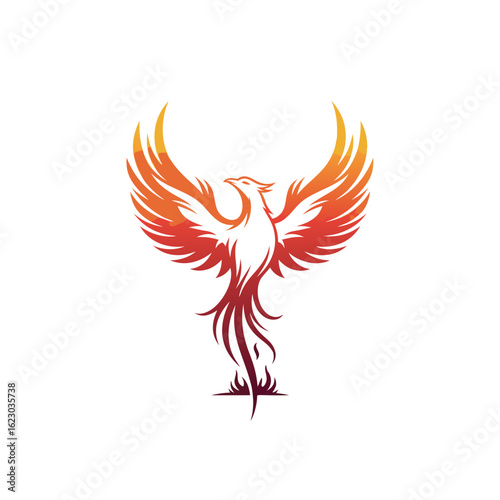 Stylized orange and yellow phoenix logo with flowing flamelike wings and tail.