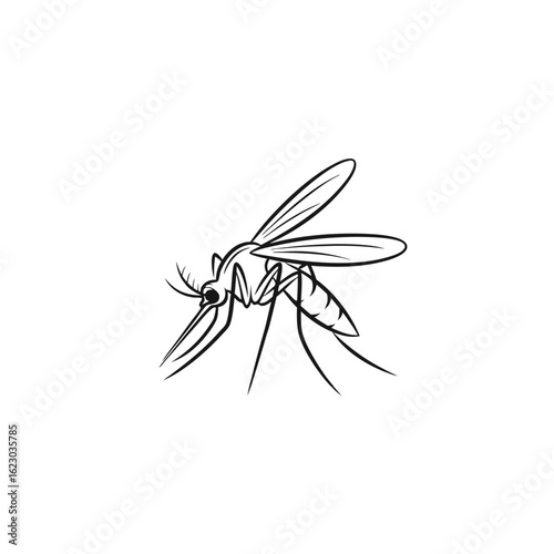 Stylized black line art illustration of a mosquito in a biting pose with a long proboscis and delicate wings.