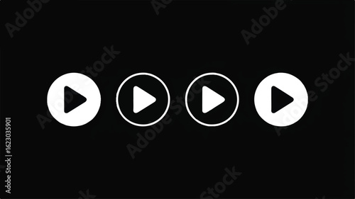 A minimalist icon design showing four identical play buttons arranged horizontally against a black background. 