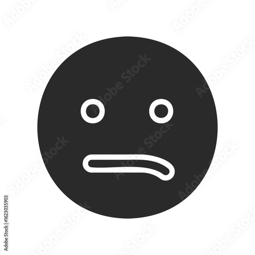 Black and white meh face emoji icon with uncertain expression on white background