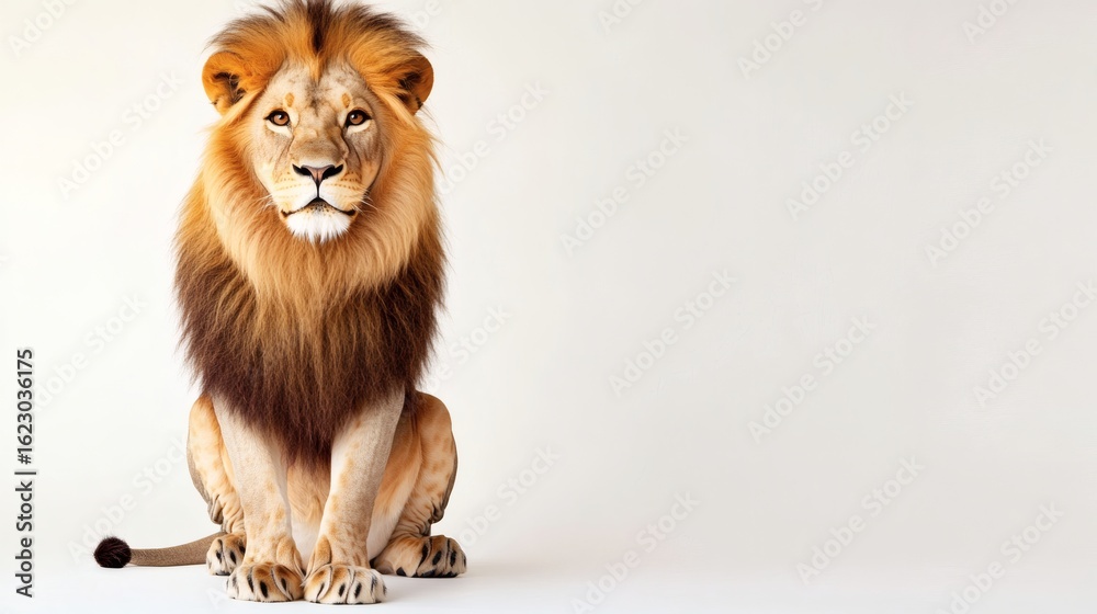 Fototapeta premium Majestic lion seated against a plain background.