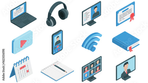 A set of 12 isometric icons arranged in a 3x4 grid against a white background. The icons are rendered in a modern device flat design style with blue and gray colors.