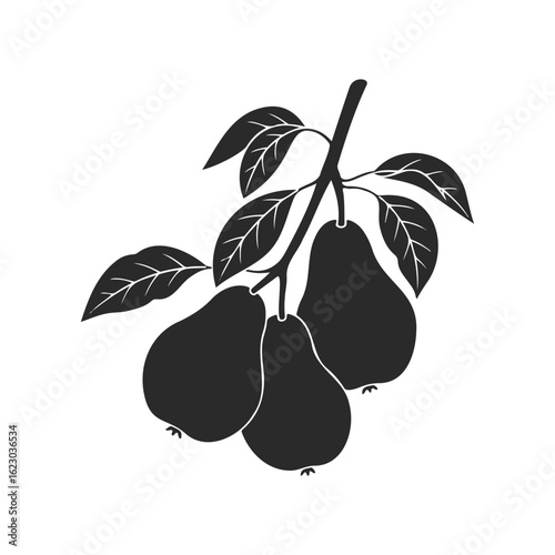 Silhouette of pears on branch with leaves - minimalist black design