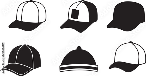 cap icon set. Caps and Hats Icons Set - Black and White Vector