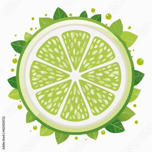 Vibrant Green Lime Slice Surrounded by Fresh Leaves: A Refreshing and Zesty Image