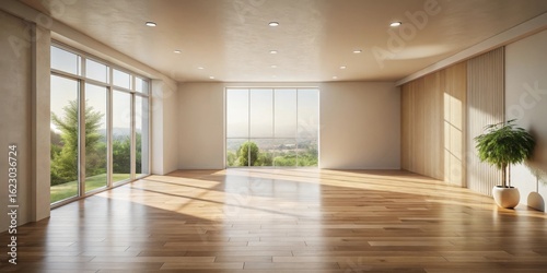 Wallpaper Mural Sunlit Empty Room with Hardwood Floors and Large Windows Offering a Serene View Torontodigital.ca