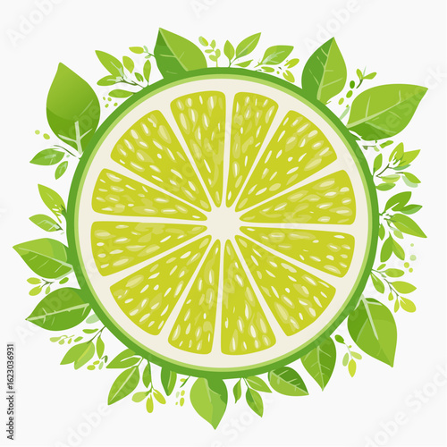 Vibrant lime slice encircled by lush green leaves, a refreshing and natural graphic design