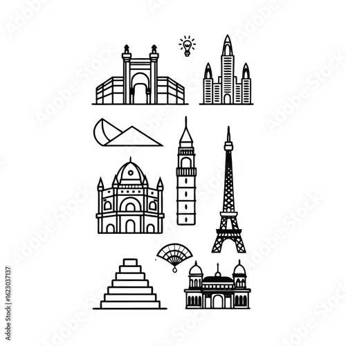 A set of monochrome icons illustrating well-known landmarks, showcasing architectural diversity.