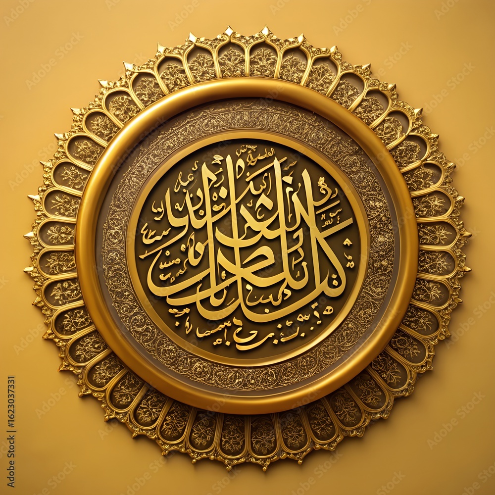 Fototapeta premium Intricate arabic calligraphy ornamentation on a circular golden decorative emblem