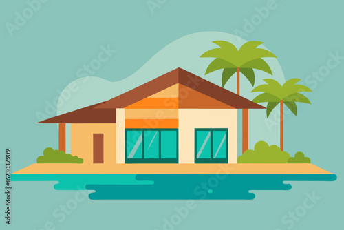 Flat design illustration of a tropical bungalow with palm trees and turquoise water
