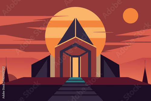 Geometric alien structure with a large sun and dramatic sunset sky in a minimalist flat design style