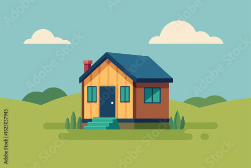 Charming flat design illustration of a cozy wooden house with a blue roof and chimney set against a backdrop of rolling green hills and a clear blue sky with fluffy clouds