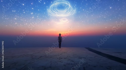 Woman Walks Towards Cosmic Energy Under Starry Sunset Sky
