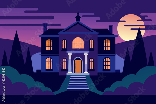 A grand dark mansion with glowing windows stands against a twilight sky with a large moon and silhouetted trees