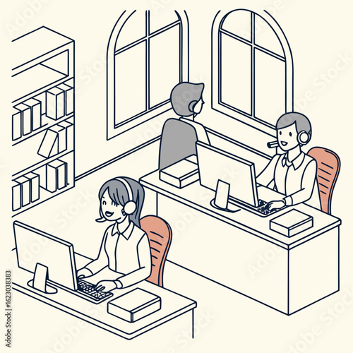 Customer service representatives working at desks in a call center office