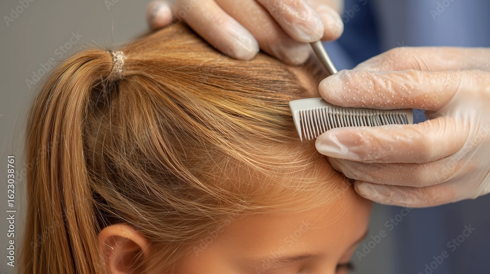 Fototapeta premium Head Lice. a dermatologist or nurse using a fine-toothed lice comb on a school-age child’s blonde hair in a clean clinical setting, showing careful inspection