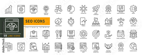 Minimalist SEO line icons set with editable stroke, featuring growth chart, settings, browser, creative service, chart, algorithm, start campaign, page rank, user interface. thin linear illustration.