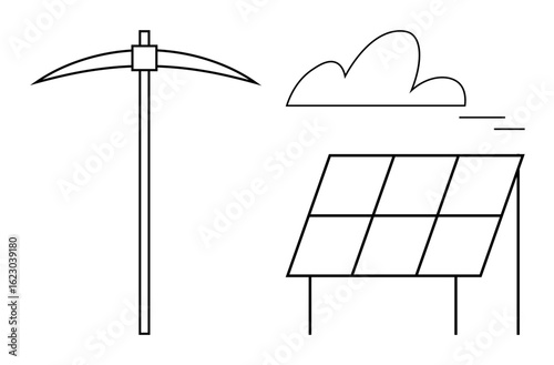 Minimalist design with a pickaxe, solar panel, and cloud. Ideal for renewable energy, sustainability, resource extraction, clean energy, green technology, energy transition and eco-friendly