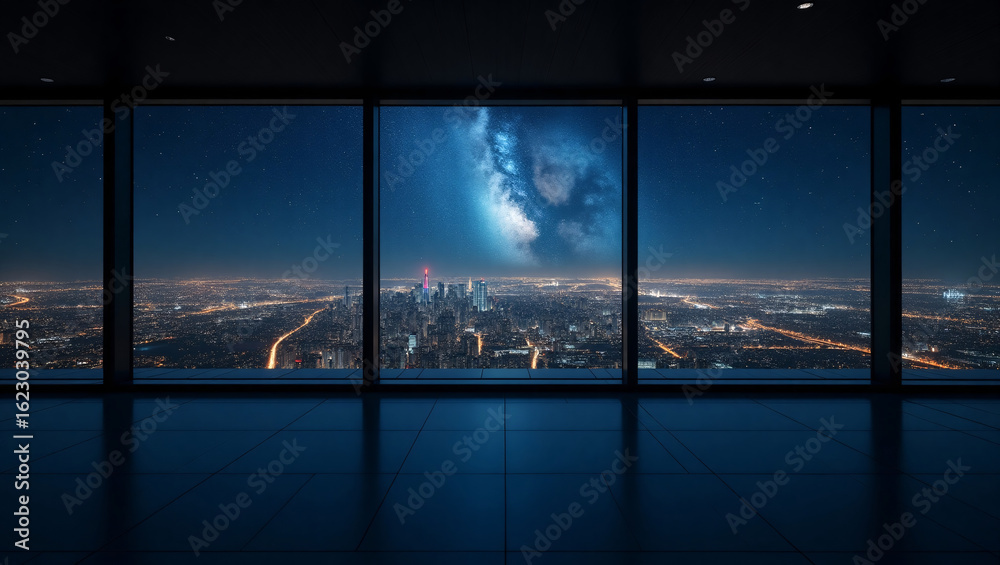Fototapeta premium A panoramic view of a cityscape at night through floor to ceiling windows, with the Milky Way visible in the sky.