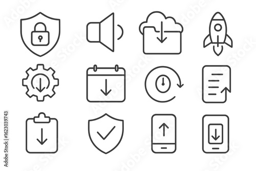 Technology and productivity line icon set for remote work and download management