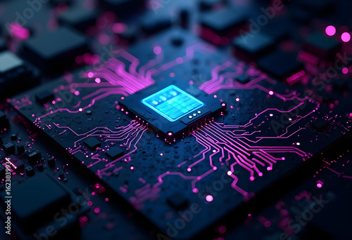 Central Processing Unit: An artistic visualization of a central processing unit (CPU) on a circuit board, bathed in vibrant hues, hinting at the complexity and power of modern technology.