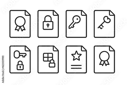 Security and privacy line icon set. key, lock, certificate, encryption graphics