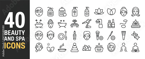 A set of 40 beauty and spa  line art icons arranged in a grid format.