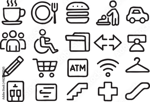 Collection of black and white hand drawn icons drawing