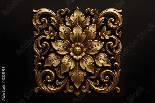 Golden Floral Ornament: A meticulously crafted golden floral ornament showcases intricate patterns and a symmetrical design, radiating elegance and opulence.