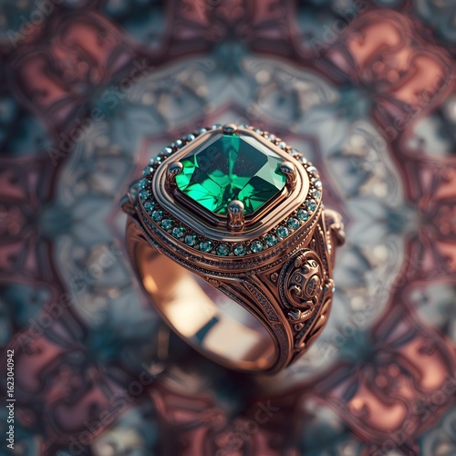 Emerald ring beauty: Capture the opulent elegance of a regal emerald ring, exquisitely set against a backdrop of ornate embellishment and regal detail.