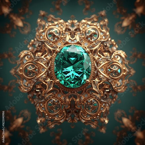 Emerald Jewel: A stunning close-up of an antique, ornate gold brooch, centered by a captivating emerald jewel, against an elegant backdrop.