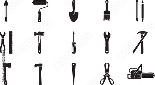 Collection of black tool icons on white background