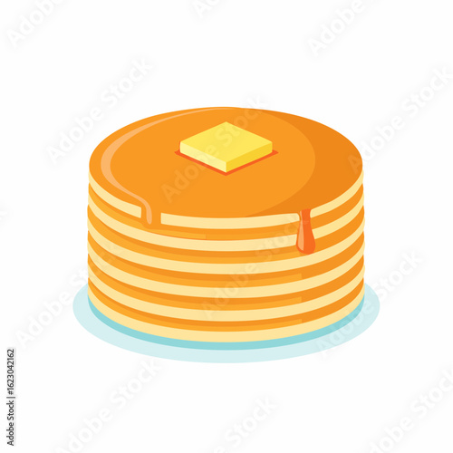 A stack of delicious pancakes with dripping syrup and a square of butter on top illustration