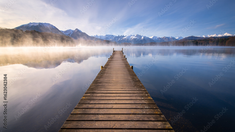 Fototapeta premium Wooden Pier Extending into a Misty Lake with Snow- Capped Mountains jetty dock