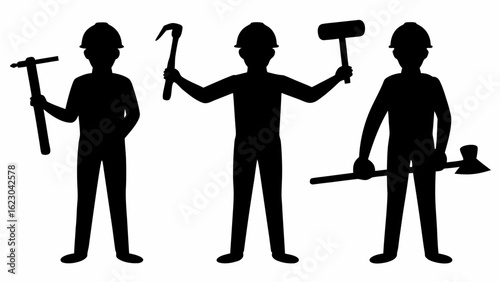 Three construction workers in silhouette holding various tools such as hammer and pickaxe and axe tool