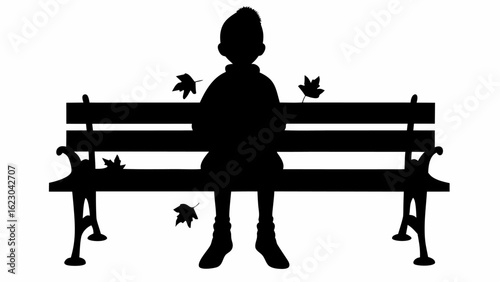 Silhouette of a person sitting on a park bench with falling leaves around them in black and white art