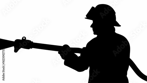 Silhouette of a firefighter holding a fire hose with nozzle, wearing helmet and protective gear in action mode