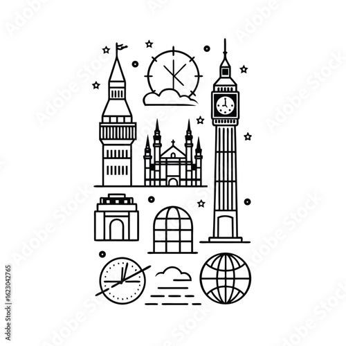 A collection of black and white icons depicting famous landmarks from around the world