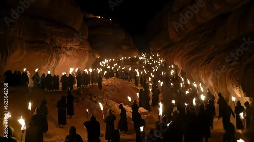 Cave procession robed figures with torches, sandstone walls, night