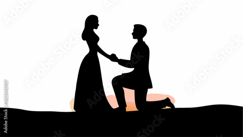 Silhouette of a man proposing to a woman in a dress holding hands on a dark ground against a white background